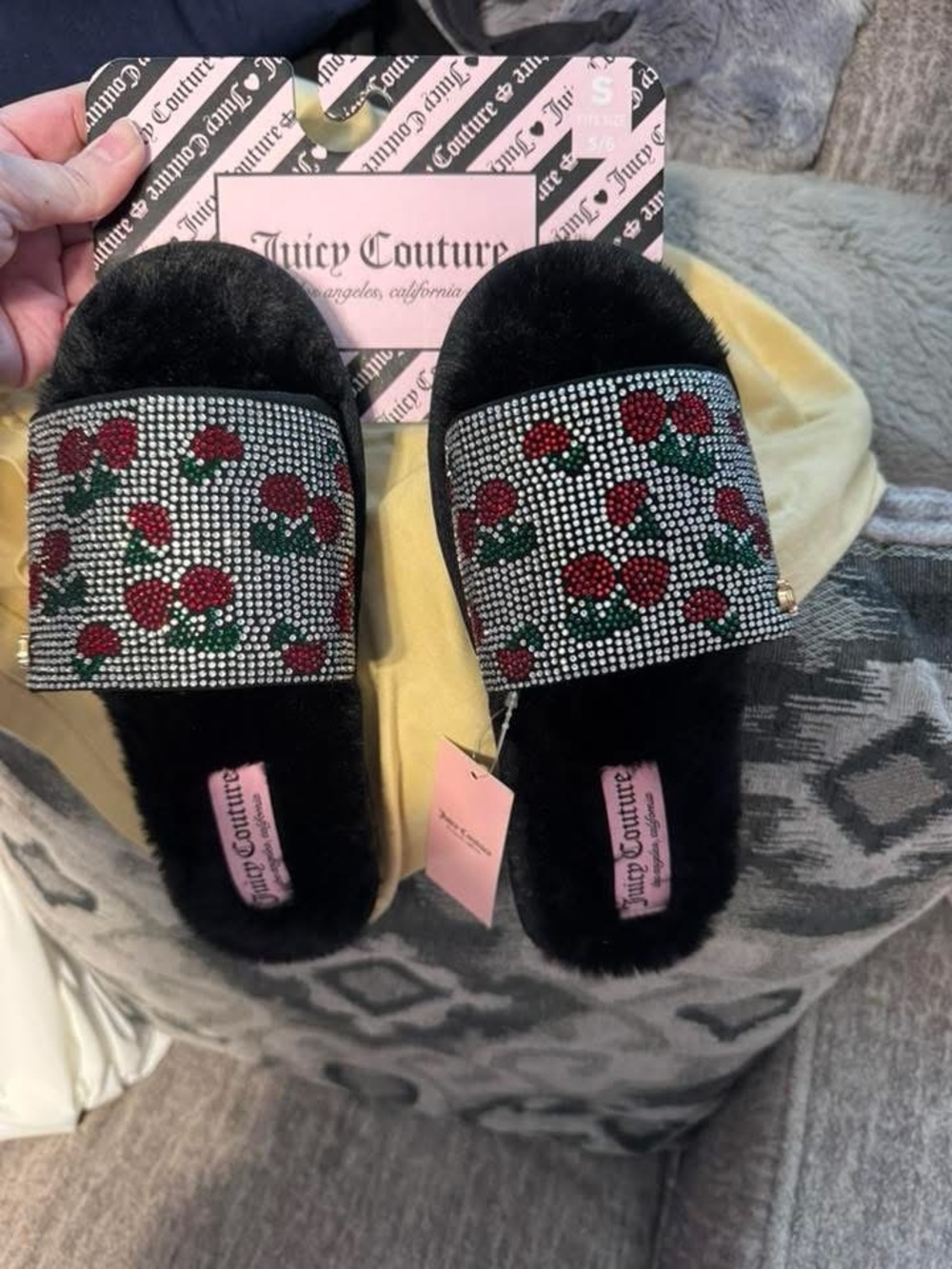 Juicy Couture Black Fur Slides with Red & Green Rhinestone Cherry Accent